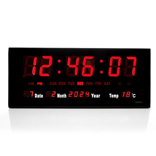 TruWare Just Camp Wanduhr Digital Groß LED Uhr mit Kalender Temperaturanzeige Studiouhr für Gewerbe Cafes Kiosk Digitaluhr XL (Rot)