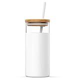 Yoohh Trinkhalmbecher, Trinkbecher, Glas, Kaffeetassen mit Strohhalm und Deckel, 500 ml, Holzdeckel, transparente Glas-Trinkflasche, ideal für Eiskaffee, Wasser-Shakes