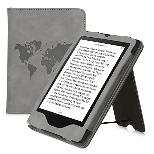 kwmobile Flip Hülle kompatibel mit Amazon Kindle Paperwhite (11. Gen - 2021) - Handschlaufe - Cover Travel Umriss Grau