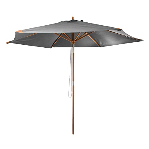 Sonnenschirm Marktschim 300 cm aus Holz mit UV 50+ und Ledertaschen an den Enden 3m mit 6 Rippen (Grau)