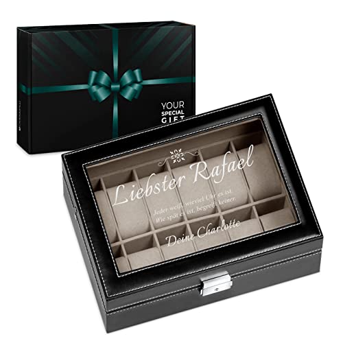 Murrano Uhrenbox mit Gravur für 12 Uhren - 30x20x8cm - Uhrenkasten aus Kunstleder - Schwarz - Geschenk für Männer - Zitat