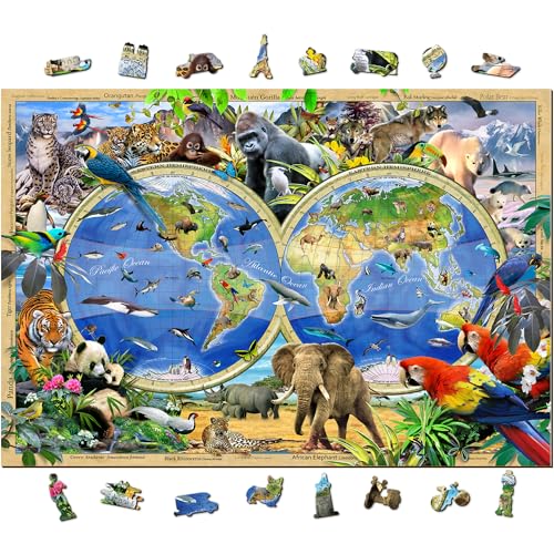 WOODEN.CITY Holzpuzzle 1000 Teile: Karte des Tierreichs - 51,9 x 37,5 cm - Howard Robinson