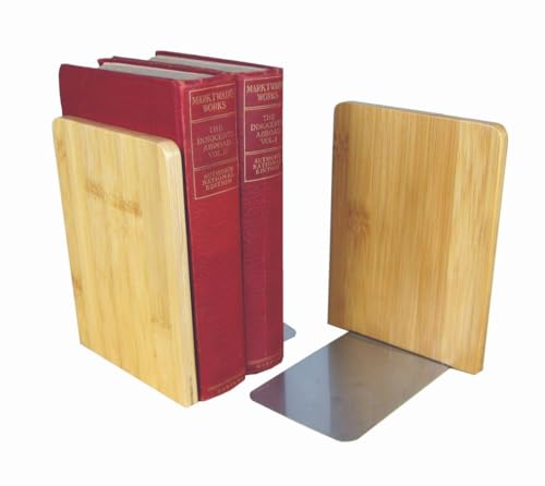 MyLibrary Buchstützen Bookends aus Holz - 2-teiliges Set: 2 Buchstützen aus Bambus mit Edelstahl