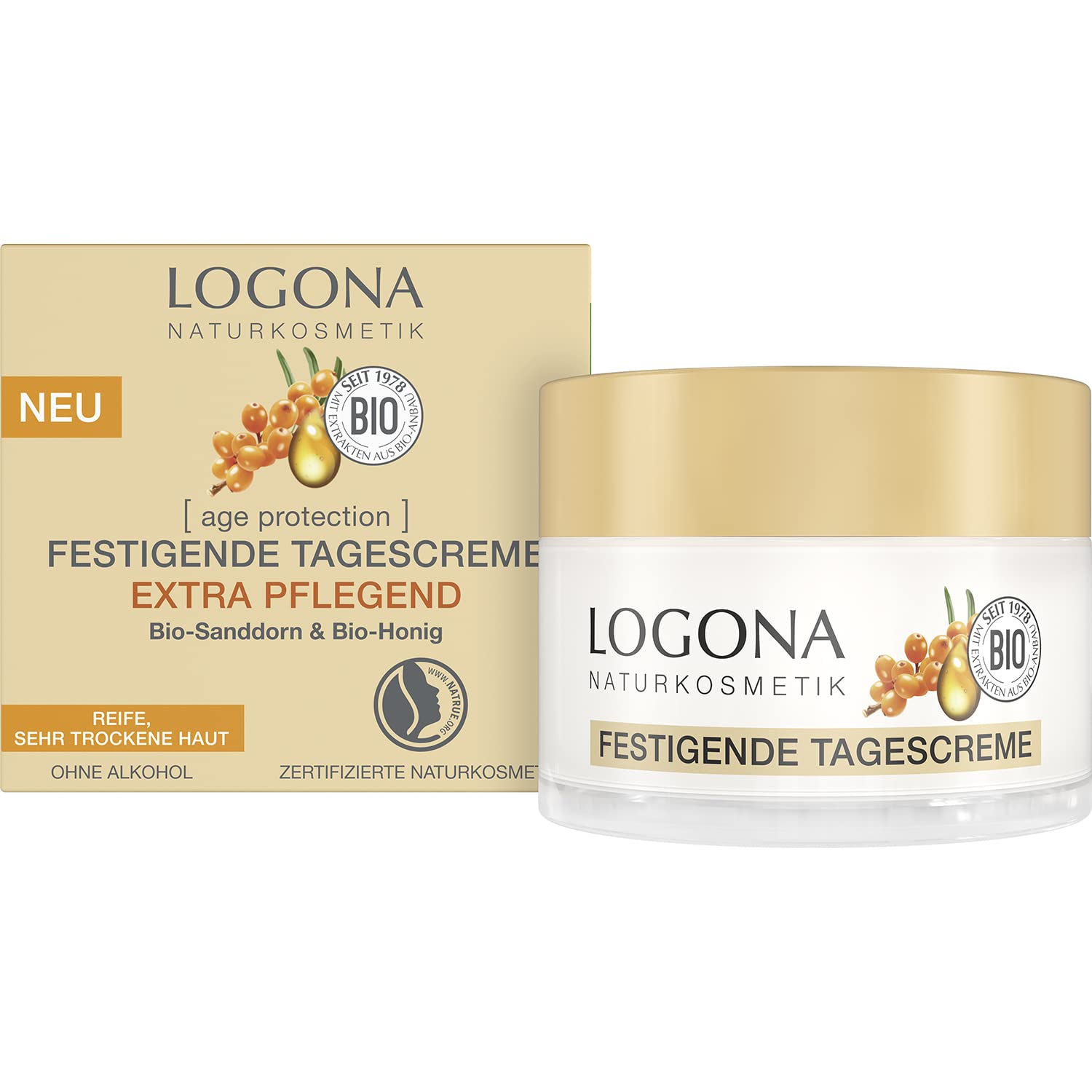 LOGONA Naturkosmetik Anti-Aging Gesichtscreme für reife und sehr trockene Haut, Extra pflegende Tagescreme mit Bio-Sanddorn und Bio-Honig, age protection, 50 ml