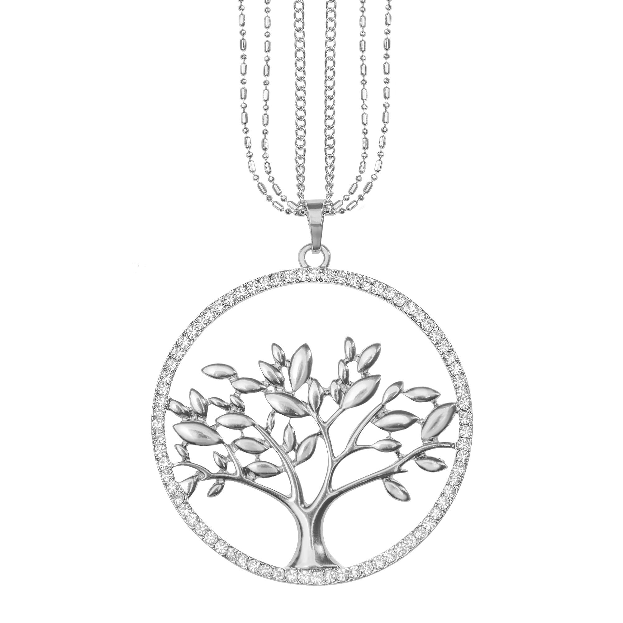 Mianova Damen Lange Halskette Kette Lebensbaum Anhänger mit Swarovski Elements Strass Kristall Steinen Lang Silber Groß