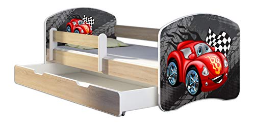 Kinderbett Jugendbett mit einer Schublade und Matratze Sonoma mit Rausfallschutz Lattenrost ACMA II 140x70 160x80 180x80 (05 Rote Auto, 160x80 + Bettkasten)
