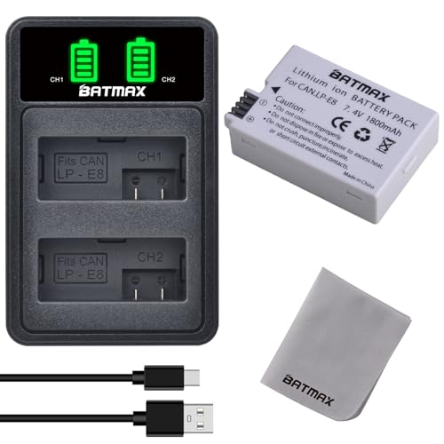 Batmax LP-E8 Battery and Dual Charger with Type C Port Compatible with Canon Rebel T3i, T2i, T4i, T5i, EOS 600D, 550D, 650D, 700D, Kiss X5, X4, Kiss X6i, Kiss X7i Digital Camera