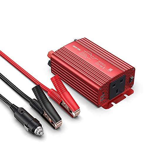BESTEK 300 W reiner Sinus-Wechselrichter DC 12 V auf AC 230 V 240 V mit 4,2 A Dual-USB-Ports, Auto-Adapter (300 W rot)