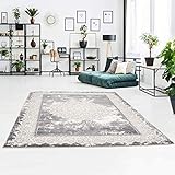carpet city Klassischer Teppich aus Polyester mit Ornamenten, Floral, Mäander-Optik in Grau für Wohnzimmer; Größe: 80x150 cm