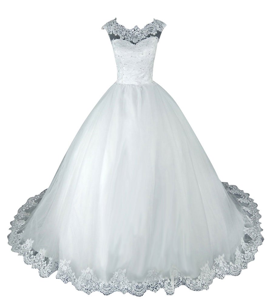 Brautkleid Damen Hochzeitskleider Lang Prinzessin Vintage Tüll Spitze A-Linie Weiß EUR36
