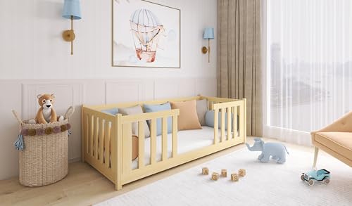 thematys® FERO Montessori Bodenbett 90x200 mit Rausfallschutz und Lattenrost - Kinderbett für Jungen und Mädchen, aus Kiefernholz (Natur ohne Matratze)