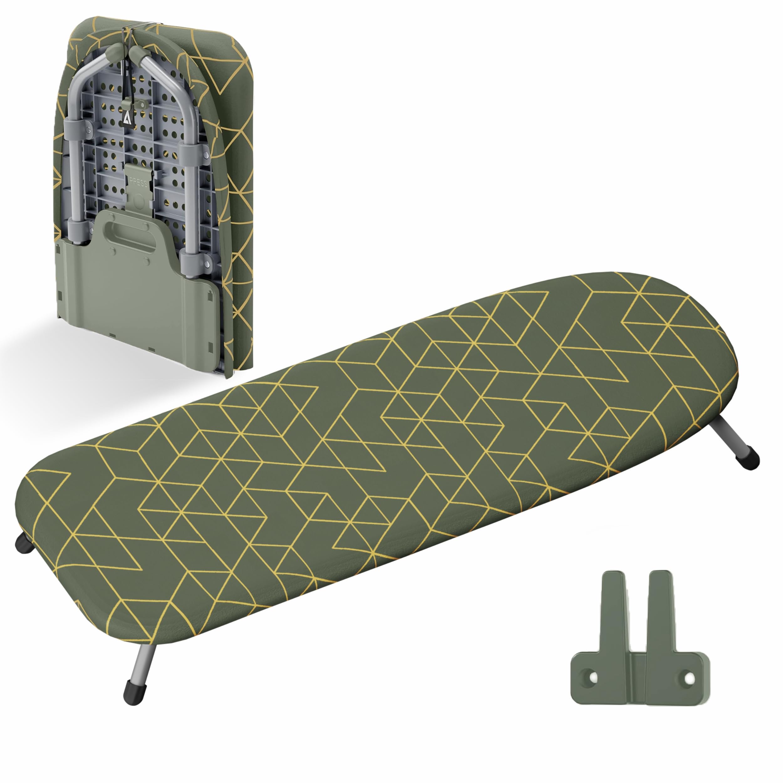 Xabitat Tisch-Bügelbrett mit Wandhalterung | D-Falte | Tragbares platzsparendes Mini-Waschraum-Bügelbrett | Faltbares kleines Bügelbrett | Grün