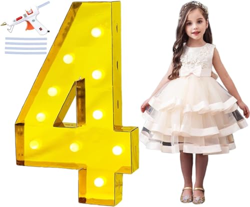 PILIN 100 CM Gold Large Led Light Up Number 4 Letters for Birthday Decor, mit Hei?klebepistole und Halterung, Marquee light up Numbers Party Wedding Graduation Baby Shower Decoration