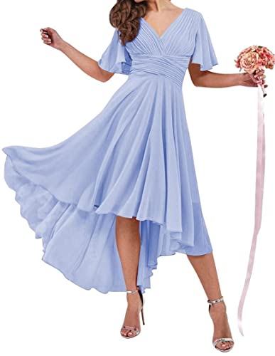 Hohe niedrige Prinzessin Kleid für Frauen V Ausschnitt Schnürung Chiffon Kurze Ärmel Plissee Hochzeit Party Kleider, lavendel, 40