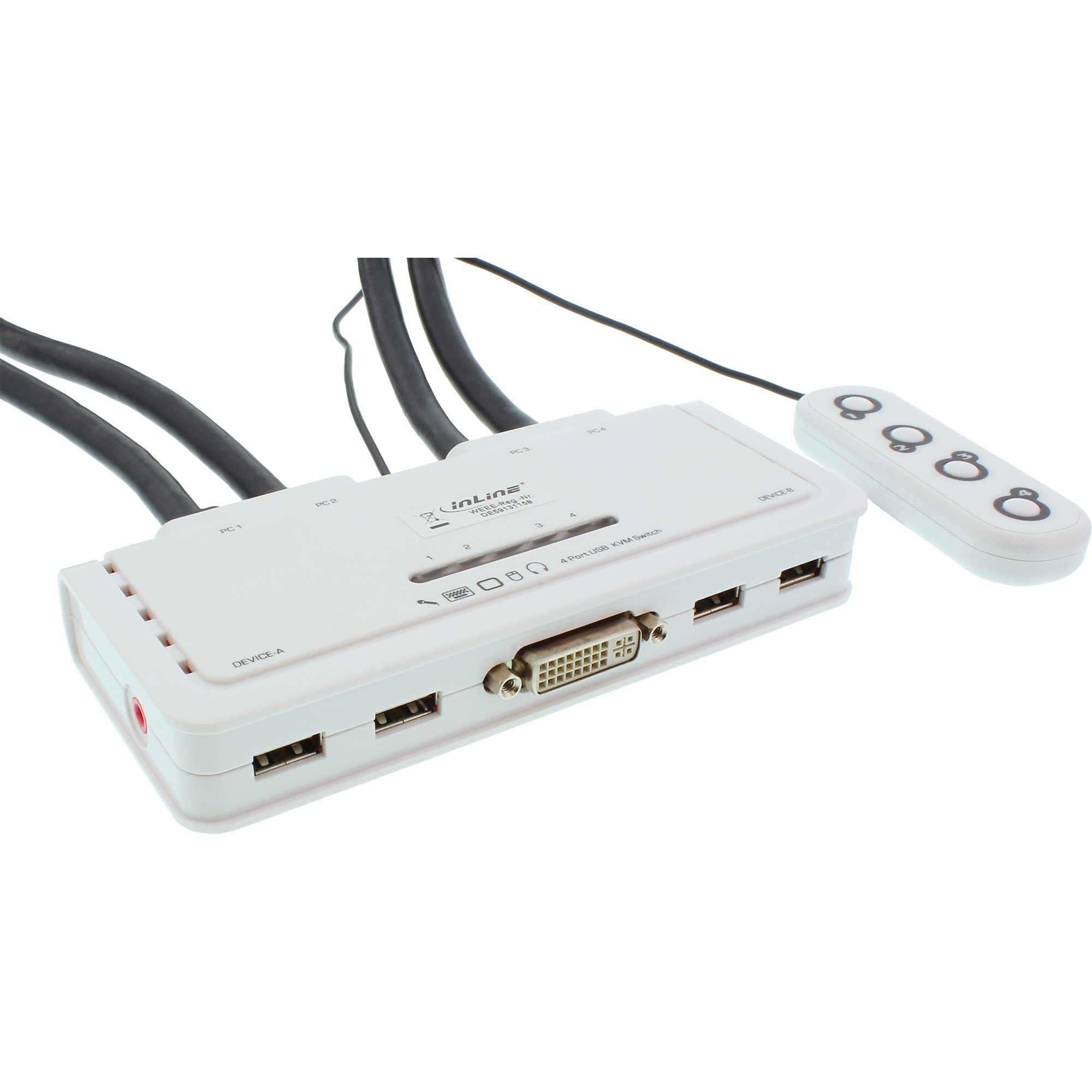 InLine 61614I KVM Switch, 4-fach, DVI-D, USB, mit Audio, integr. Kabel