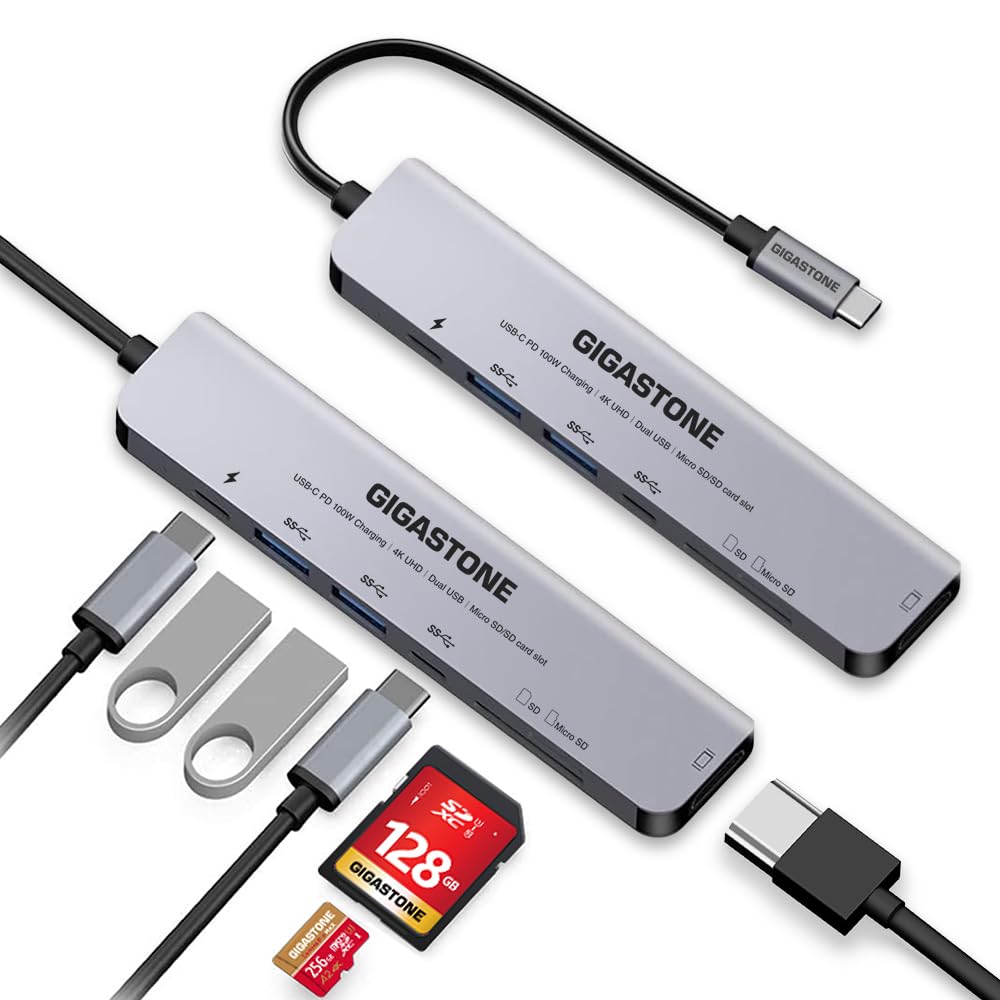 [USB C Hub] 2-Pack GIGASTONE 7 in 1 Multiport Adapter für iPad, MacBook Pro Air mit 4K HDMI Splitter, PD 100W Thunderbolt, SD/microSD Kartenleser, Dongle für iPhone 15, chromebook, Surface, Laptops