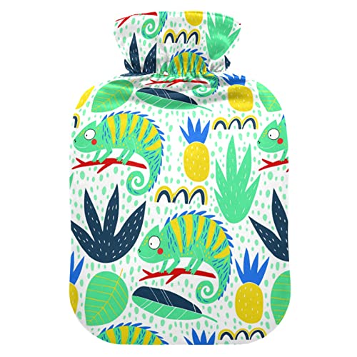 YOUJUNER Wärmflasche mit tropischem Chamäleon-Eidechsen-Bezug, 2 Liter, großer Wärmbeutel, warmer Komfort, Handfüße