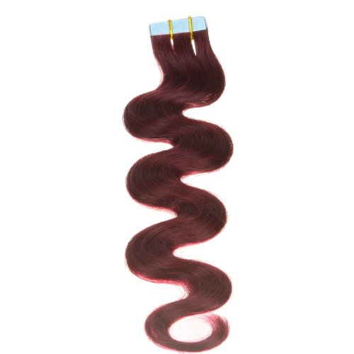 hair2heart 20 x Tape In Extensions aus Echthaar, 60cm, 2,5g Strähnen, gewellt - Farbe 99j burgundy