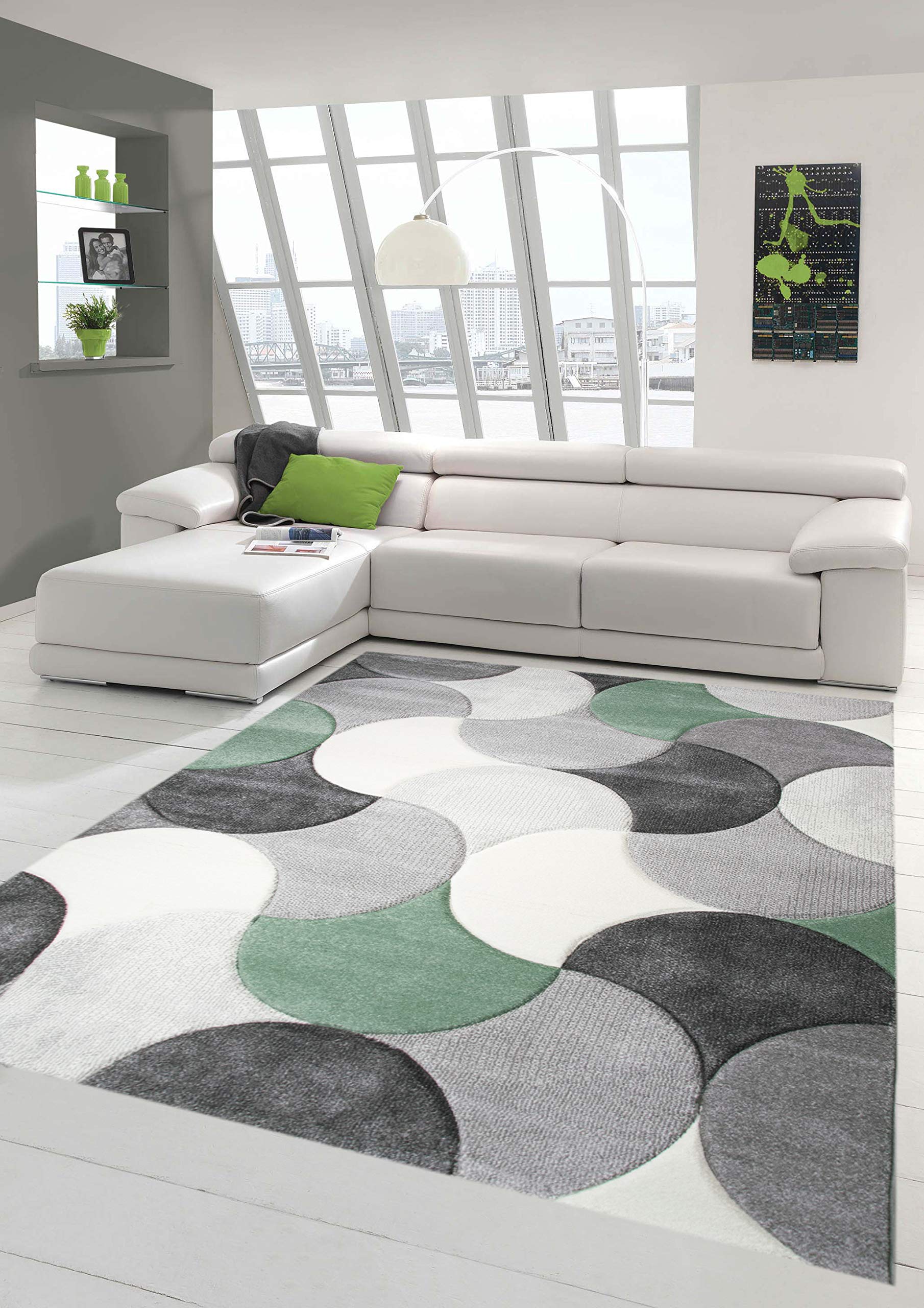 Designer und Moderner Teppich Kurzflor mit Tropfen Muster in Grün Grau Beige Größe 200 x 290 cm