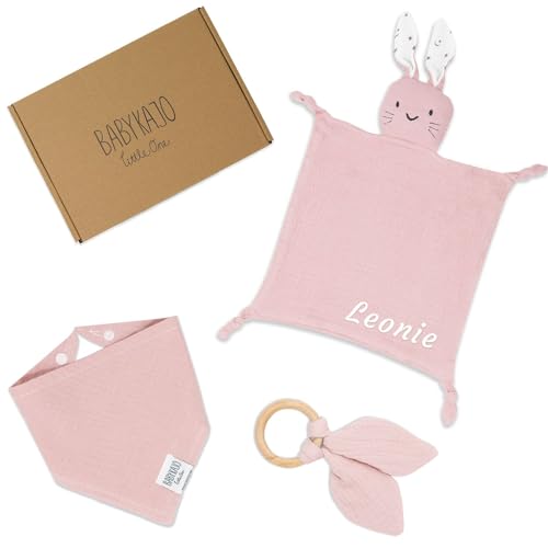 Babykajo Baby Geschenk personalisiert 3 Teilig – Schnuffeltuch mit Namen+ Beißring + Halstuch- Süßes Geschenke zur Geburt für Jungen und Mädchen!