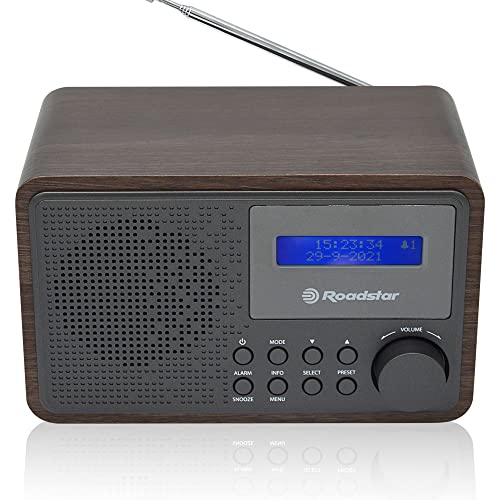 Roadstar HRA-700D+/WD Tragbares Radio Vintage Digital Dab / Dab+ / FM Funktioniert mit Netzwerk oder Batterien, Kopfhöreranschluss, Retro-Radio für Zuhause und Küche, Wecker mit Dual-Alarm, Holz
