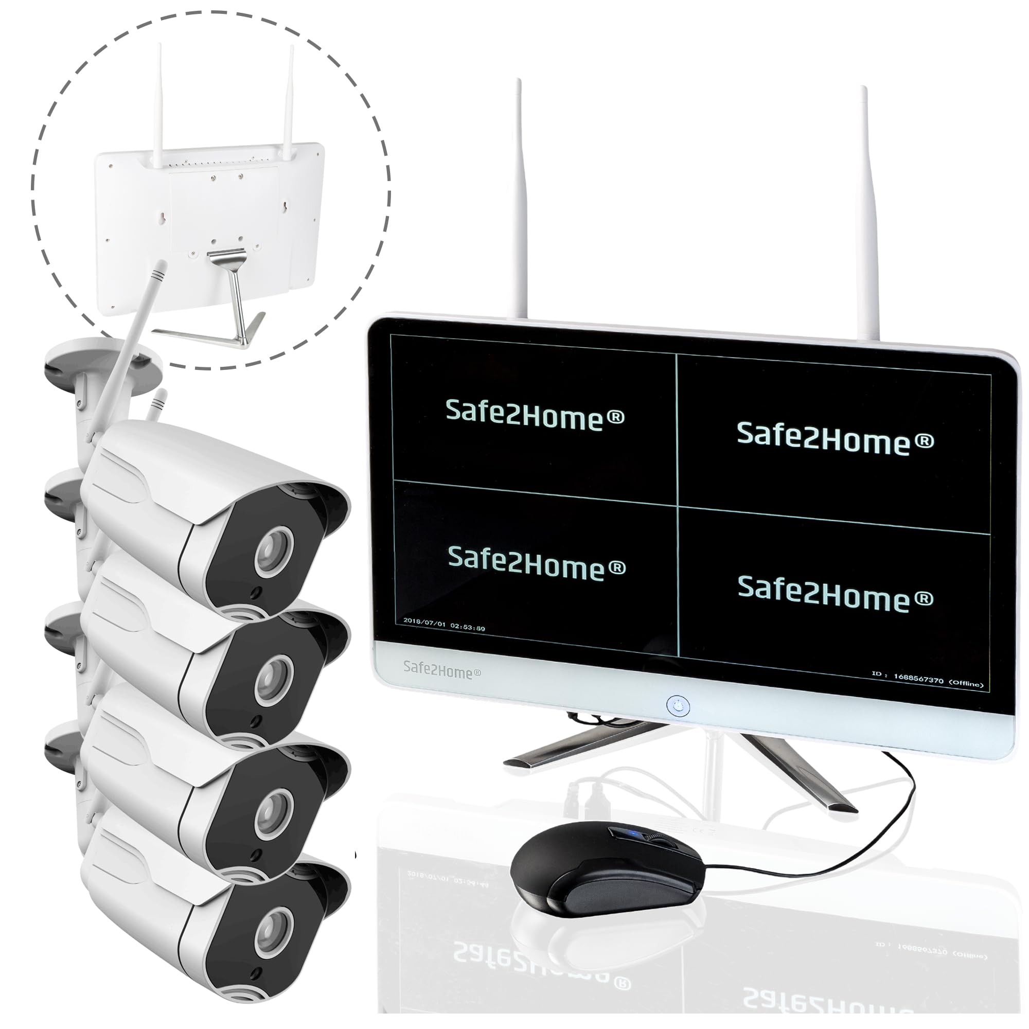 Safe2Home Videoüberwachung Set Funk 1TB 8 Kanal - Rekorder Festplatte 4X Full HD Cam + Monitor - Nachtsicht Überwachungskamera mit Bewegungserkennung und Aufzeichnungkabellos innen außen