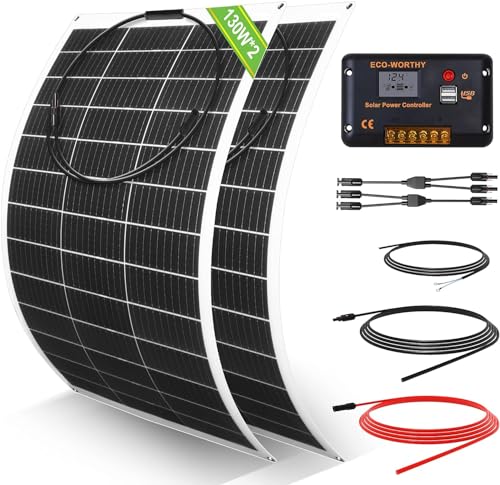 ECO-WORTHY 260 Watt 12 Volt flexibles Solarpanel Kit netzunabhängig Off Grid: 2 Stücke130W Solarpanel + 30A LCD-Display PWM-Laderegler + 5m Solarkabel für Wohnwagen, Wohnmobil, Boot, Kabine, Anhänger