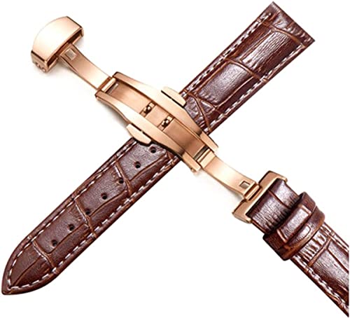 Herrenarmband, Lederarmband, Armband for Männer und Frauen, Leder 12/24 mm Universal-Uhrenarmband mit Schmetterlingsschnalle, Stahlschnallenarmband, 22 mm Uhrenarmband (Color : Rosegold Brown White)