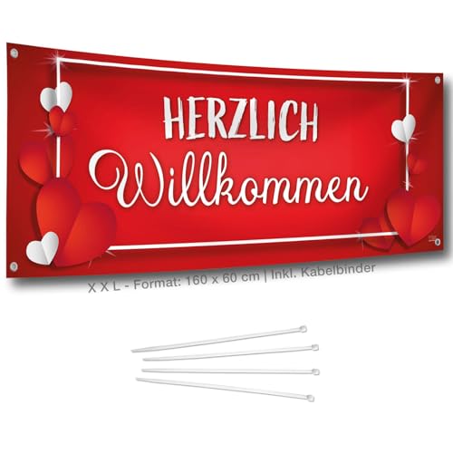 XL Herzlich Willkommen Banner I Rot mit Herzen I 160 x 60 cm I Zur Begrüßung zu Hause, auf Feiern & Partys I Wetterfestes Set: Banner + Ösen + Kabelbinder I Made in Germany