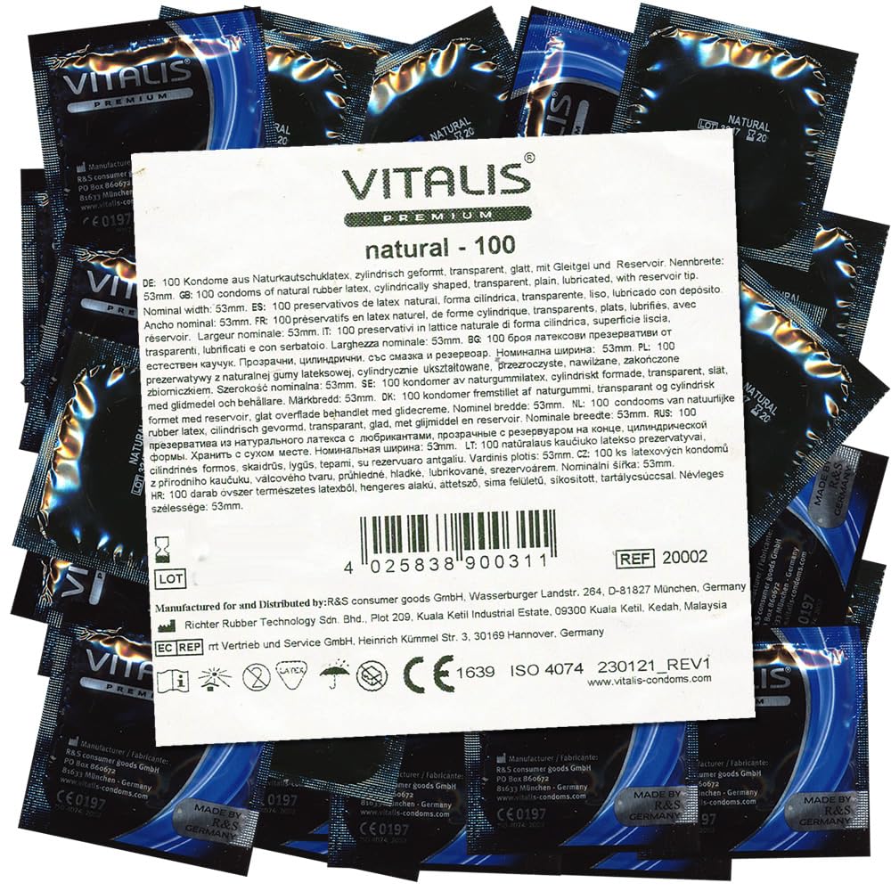 VITALIS 100 Kondome Pack Natural I Nennbreite 53 mm I Gefühlsechte naturfarbene Kondome I 100 Natürliche Premium Kondome mit Gleitmittel auf Silikonbasis I Hauchzarte Kondome für Männer