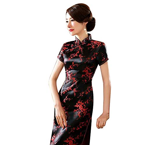 Kalaokei Cheongsam-Kleid, traditionelles Pflaumenblüten-Design, für Damen, chinesisches langes Cheongsam-Abendkleid, Schwarz/Rot, M