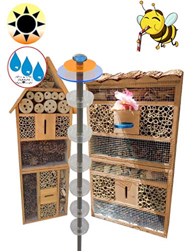 Gartendeko-Stecker mit Lichteffekt, Sonnenfänger als funktionale Bienentränke + 2X Lotus BIENENHAUS Insektenhaus,XXL Bienenstock & Bienenfutterstation, braun