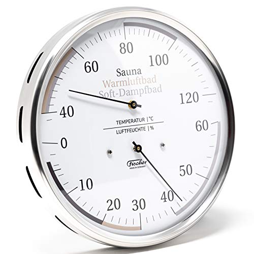 Fischer 185.01 Sauna Universal-Thermohygrometer - 160mm Haar-Hygrometer u. Bimetall-Thermometer aus Edelstahl Made in Germany