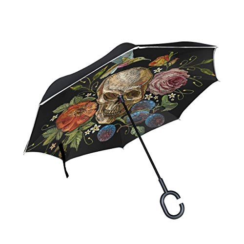 ISAOA Gro?er Regenschirm, umgekehrt, Winddicht, doppellagige Konstruktion, umgekehrt, Faltbarer Regenschirm f¨¹r Autoregen im Freien, C-f?rmiger Griff, selbststehender Kolibri- und Blumenschirm