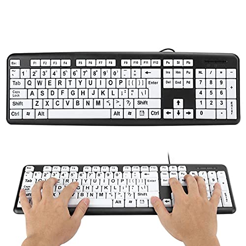 USB-kabelgebundene Computertastatur mit großem Druck, kabelgebundene USB-Tastatur für Benutzer mit Sehbehinderung mit großen weißen Tasten Schwarze Buchstaben für sehbehinderte Personen mit(Schwarz)