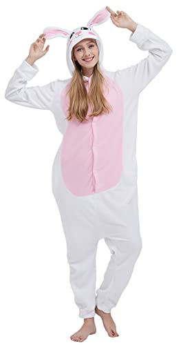 Unisex Pyjamas Jumpsuit Tierkostüm weißer Hase Onesie Damen Herren Karneval Nachtwäsche