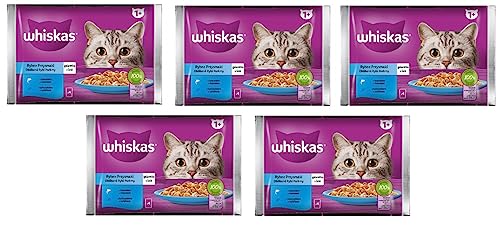 Whiskas Adult 1+ Fisch-Auswahl in Gelee mit Lachs und Thunfisch, 20 Portionsbeutel, 5x4x85g, Hochwertiges Nassfutter für ausgewachsene Katzen