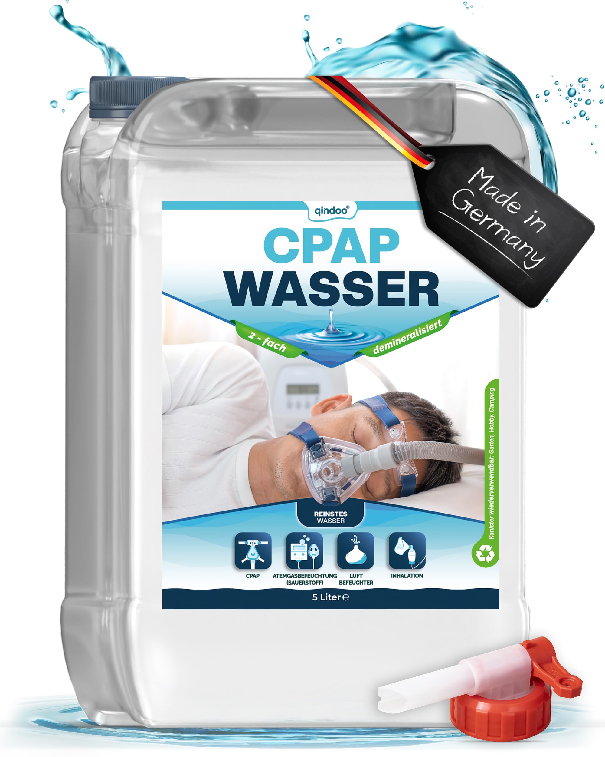 5L Qindoo CPAP Wasser für Luftbefeuchter I Sauerstoff-Geräte, Inhalator, bi destilliertes Wasser für medizinische Zwecke CPAP, 5 Liter Kanister + Hahn (5 Liter + Hahn)