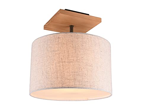 Skandinavische LED Stofflampe Deckenleuchte mit Holz und beigem Lampenschirm 35cm rund