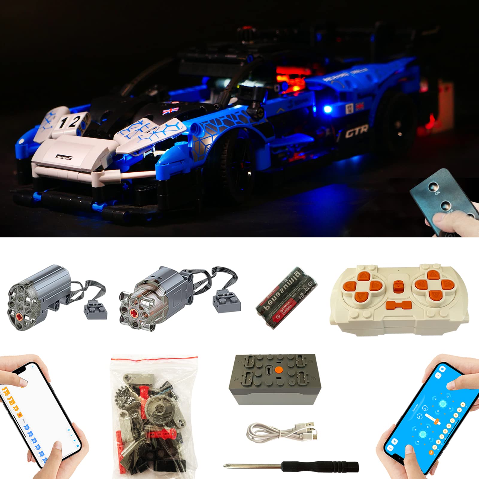 Für Lego 42123 Technic McLaren Senna GTR Super Motor und Fernbedienung und Beleuchtung Upgrade Kit, Upgrade Zubehör Kompatibel mit Lego 42123 Bausteinen Modell(Nicht Enthalten Lego Modell)