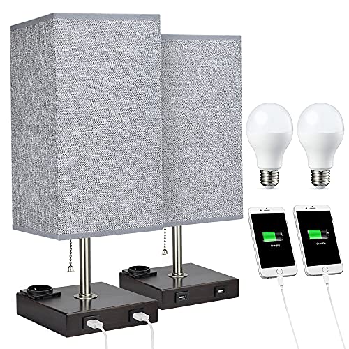 Depuley Tischlampe Vintage Warmweiß, Nachttischlampe 2er Set, mit E27 Fassung, mit 2 USB Anschluss & Stoffschirm, Schreibtischlampe Nachtlicht Kinderzimmer für Lesen, Wohnzimmer, Schlafzimmer, Café