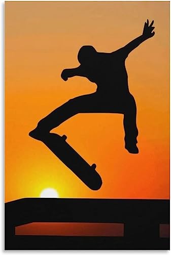 WOODEY Kunstposter, 40 x 60 cm, Rahmen, Skateboarding im Sonnenuntergang, minimalistisches Kunstposter, Leinwand-Kunstdruck, modernes Familienschlafzimmerdekor, Poster