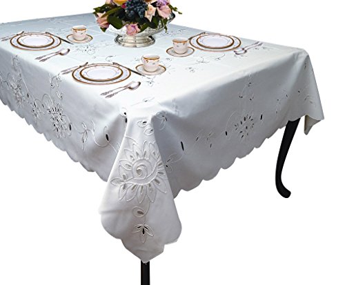 Violet Linen Riviera Embroidered Design Oblong/Rectangle Tablecloth, 70" x 120", White