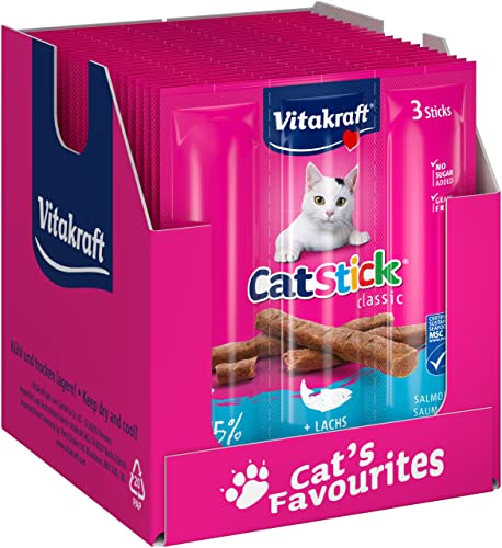 Vitakraft Cat Stick Classic, Katzensnack, fleischige Mini-Sticks, mit Lachs in MSC-Qualität, in Vorratsgröße (20x 3 Stück)