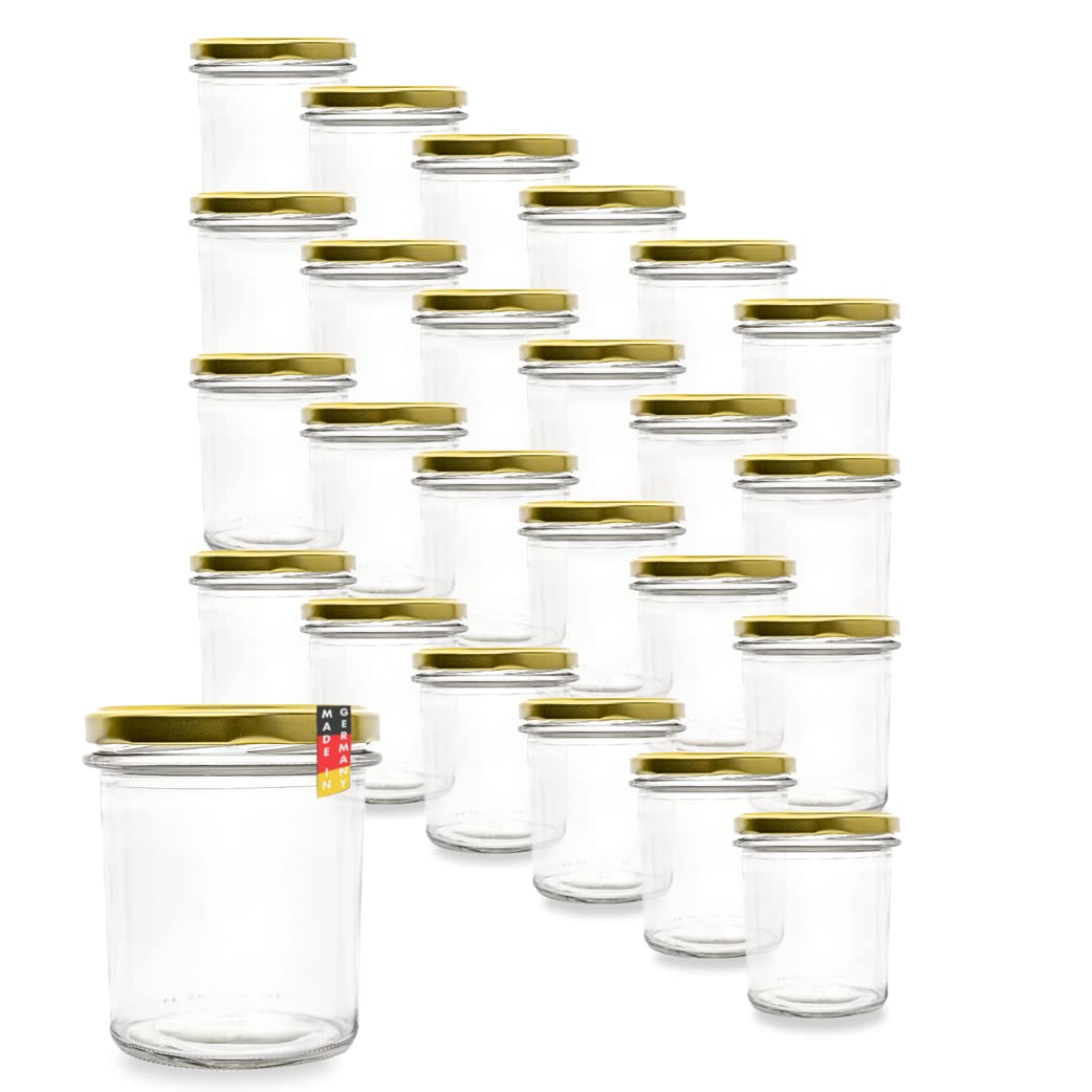 flaschenbauer.de 24er Set Sturzgläser 340 ml inkl. goldene Twist Off Deckel TO82 zum Einmachen von Suppen, Babynahrung, Dips oder zur Aufbewahrung von Tee und Kräuter