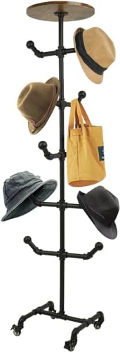 Hutständer, Freistehender Hutablage mit 10 Haken, Praktischer Garderobenständer mit Rädern, Metallrohr Kleiderständer zum Aufhängen von Kleidung, Hüten, Taschen, Geeignet für Zuhause,Einkaufszentren