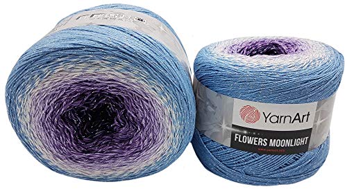 YarnArt Flowers 500 Gramm Bobbel Wolle mit Glitzer und Farbverlauf, 53% Baumwolle, Bobble Strickwolle Mehrfarbig (blau weiß Flieder 3264)