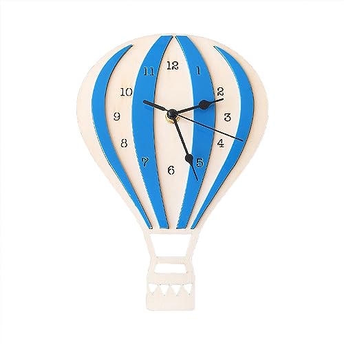 EXQUILEG Heißluftballon-Leise Wanduhr, Zuhause Kunst Dekor-Wanduhr, Cartoon Heißluftballon Uhr Mute Crafts Nordic Style Wanduhr für Kinderzimmer, Hotel, Café, Büro (Blauer Heißluftballon)