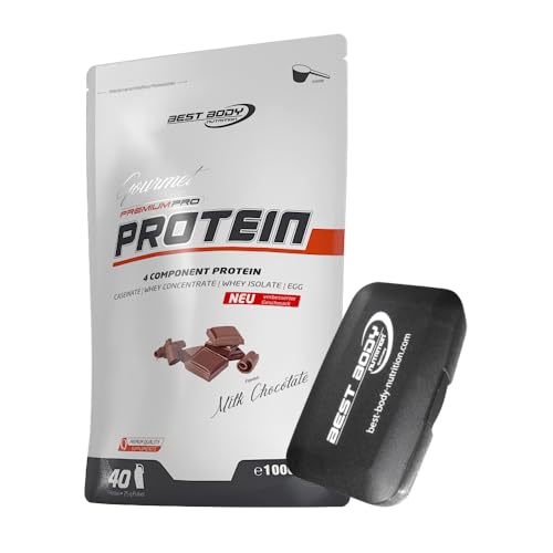 1kg Best Body Nutrition Gourmet 4 Komponenten Protein Eiweißshake - Set inkl. Protein Shaker / Gratiszugabe (Milk Chocolate, Best Body Tablettenbox)