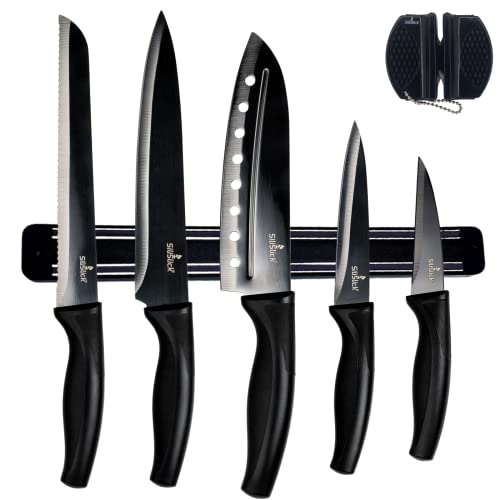 SiliSlick Buntes Edelstahl Messerset – Titanbeschichtetes Küchen Starter Set mit Allzweckmesser, Santoku, Brot, Koch- und Schälmessern mit schwarzem Spitzer und magnetischem Montagegestell